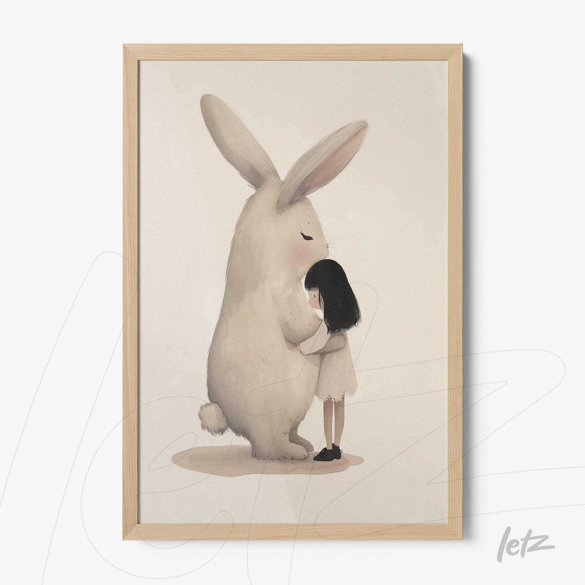 framed artwork of a cute illustration depicting a girl hugging a large rabbit with a light wood frame