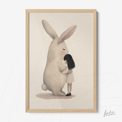 framed artwork of a cute illustration depicting a girl hugging a large rabbit with a light wood frame