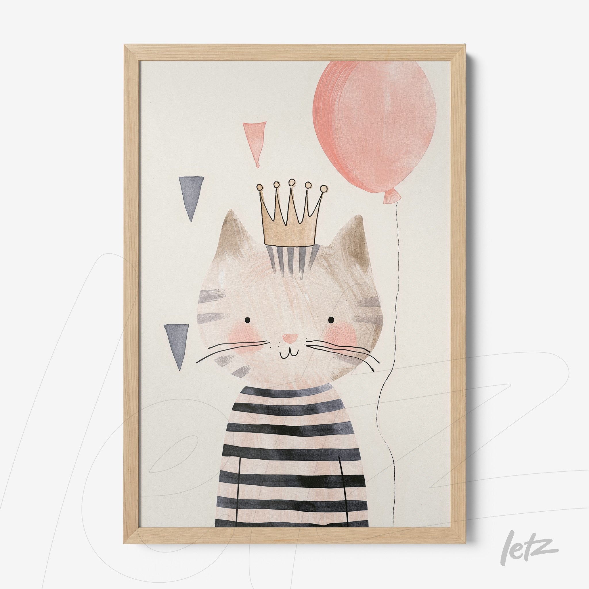 framed artwork featuring a cat with a crown, dressed in stripes and holding a pink balloon