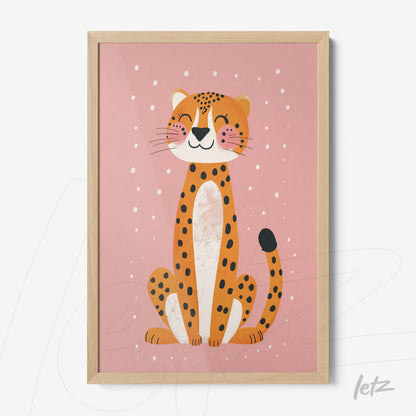 colorful wall art featuring a smiling leopard on pink background with light wood frame