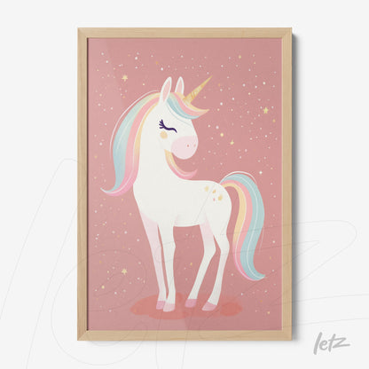 framed art featuring a unicorn illustration on a pink background with stars and light wood frame