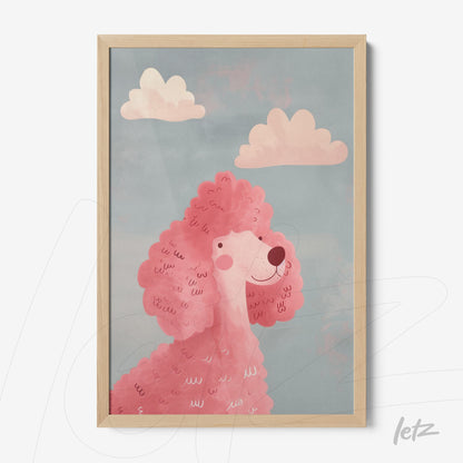 framed art of a pink poodle against a light blue background with soft clouds in a light wood frame