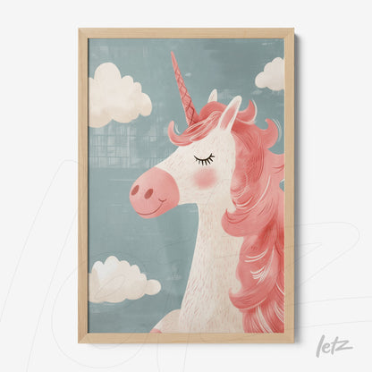 framed art of a unicorn with pink mane against a blue background with clouds