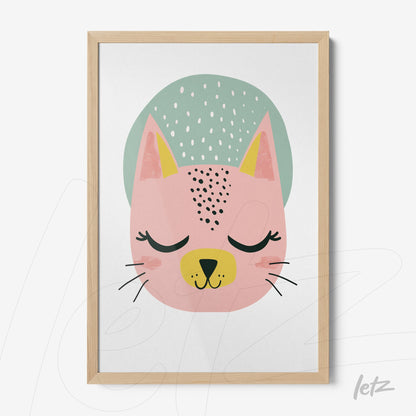 framed wall art featuring a minimalist cat illustration in pastel colors with a light wood frame