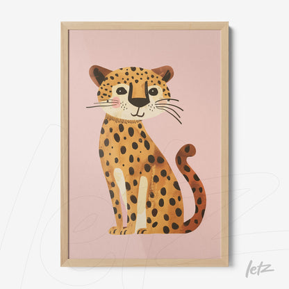 framed wall art featuring a leopard illustration on pink background with light wood frame