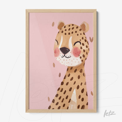 framed art featuring a cheerful leopard illustration on a pink background with light wood frame