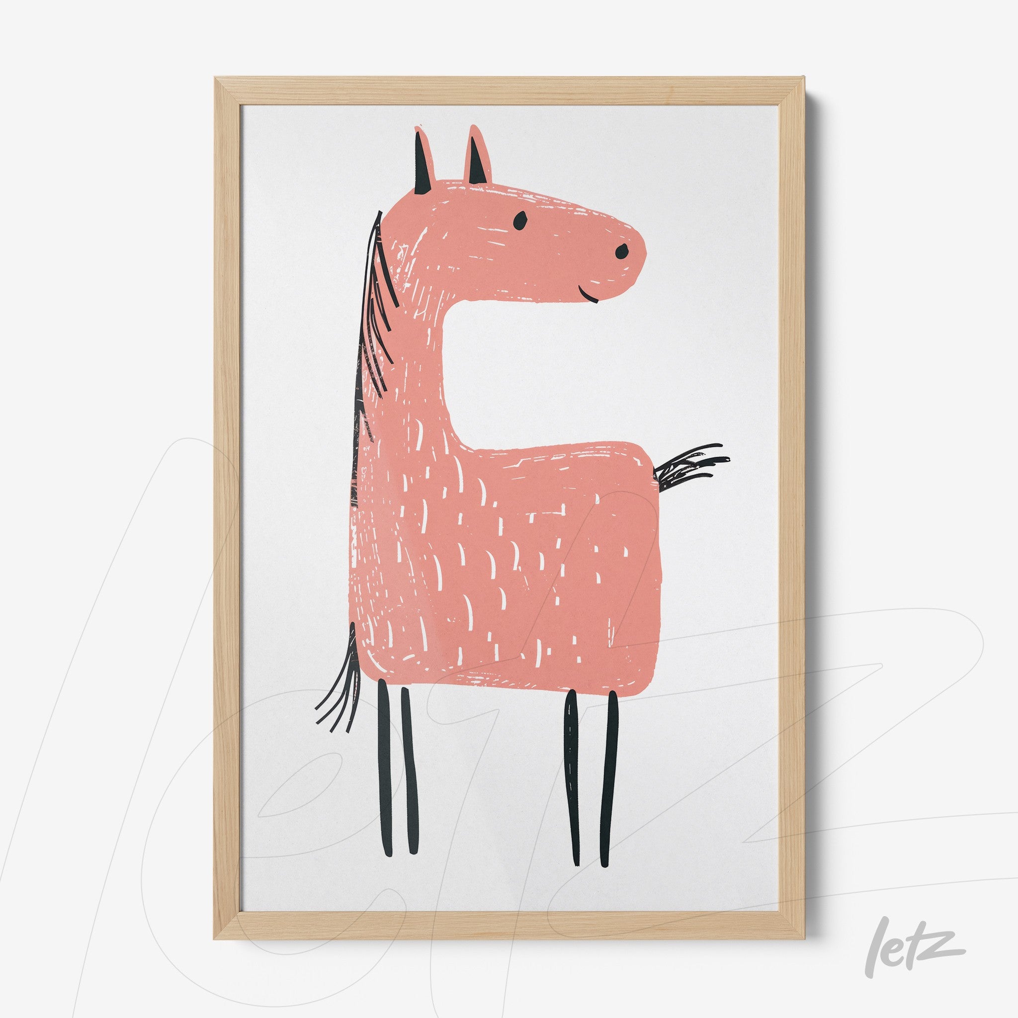 framed children's art of a pink horse drawn with simple lines in light wood frame