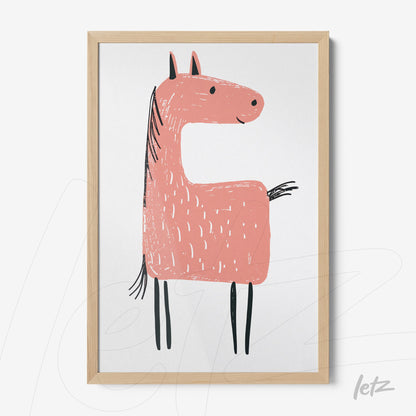 framed children's art of a pink horse drawn with simple lines in light wood frame