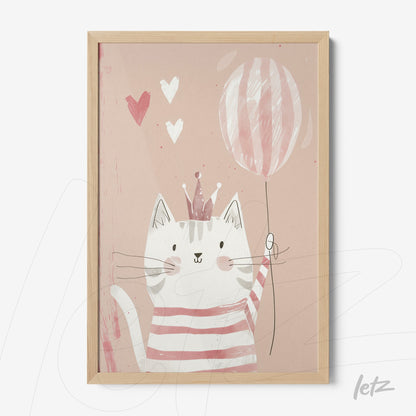 framed illustration of a happy cat holding a striped balloon in light wood frame