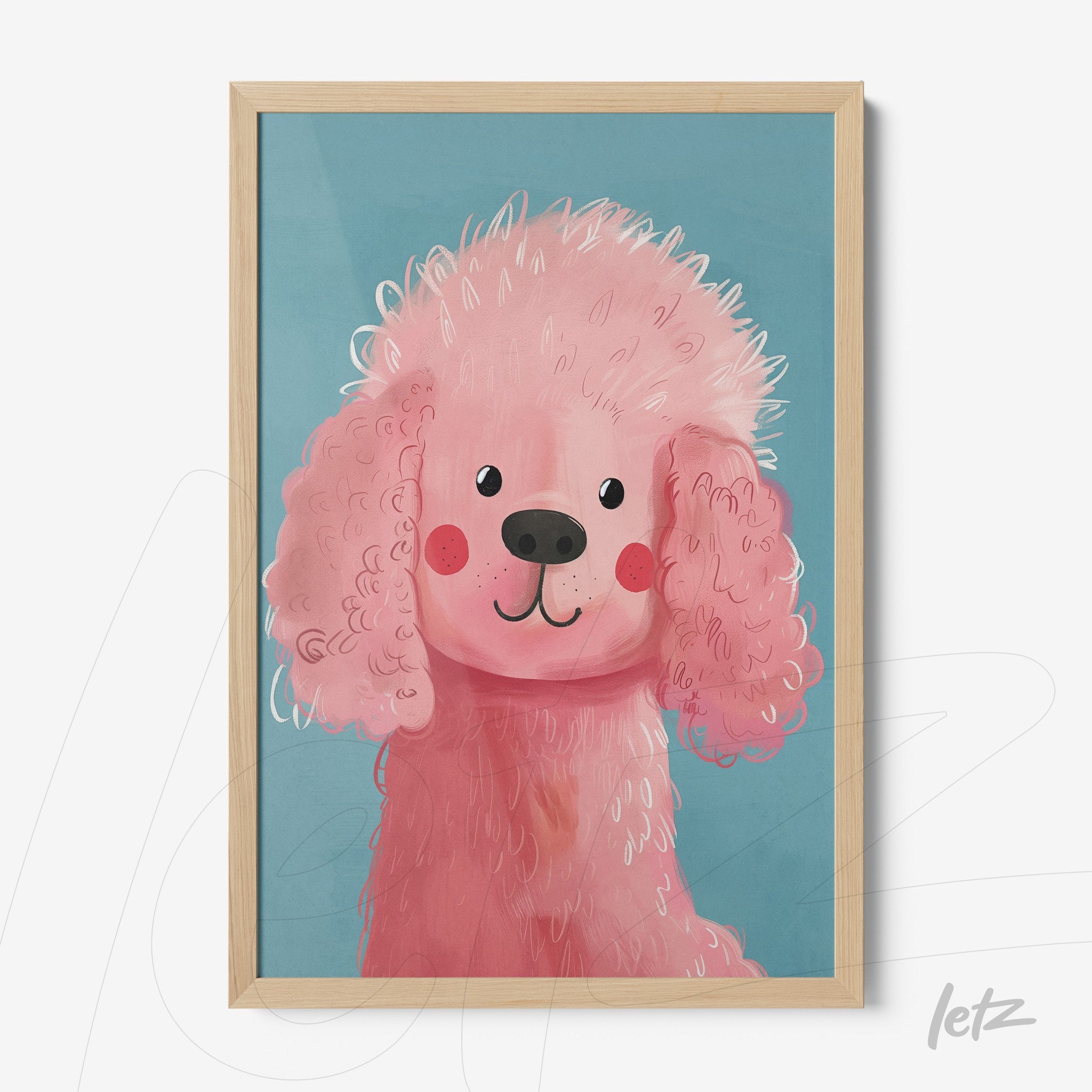 framed wall art featuring a cute pink poodle with curly fur against a blue background