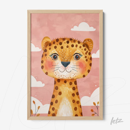 framed art featuring a stylized leopard illustration on a pink background with white clouds and colorful plants