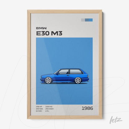 framed artwork featuring a minimalist illustration of the BMW E30 M3 in blue background with light wood frame