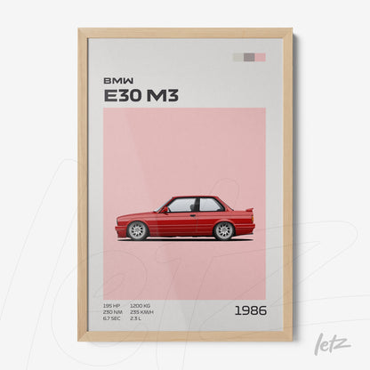 framed artwork featuring minimalist illustration of a BMW E30 M3 on a pink background with light wood frame