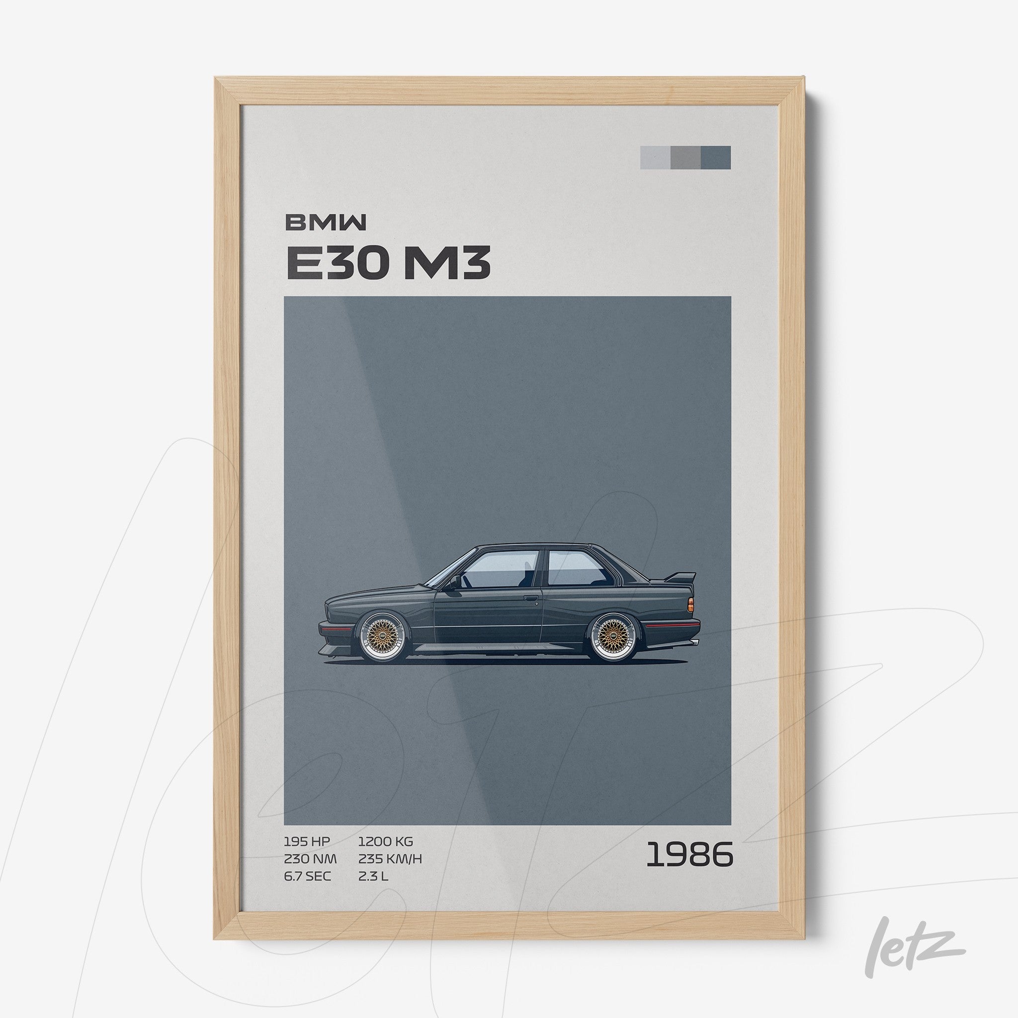 decorative frame featuring a detailed illustration of the BMW E30 M3 in a light wood frame