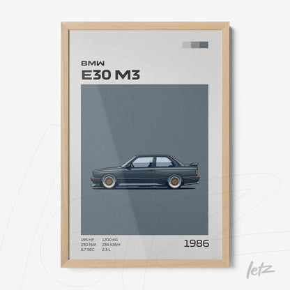 decorative frame featuring a detailed illustration of the BMW E30 M3 in a light wood frame