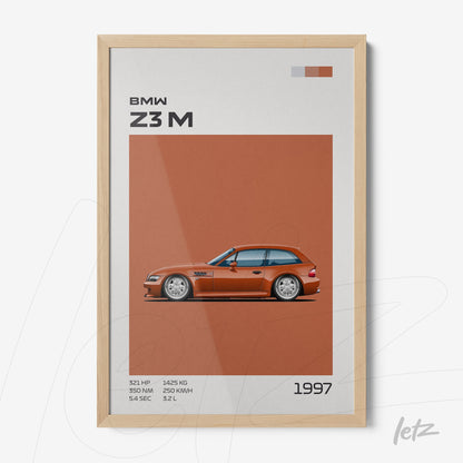 framed digital art of BMW Z3M car with light wood frame and orange background