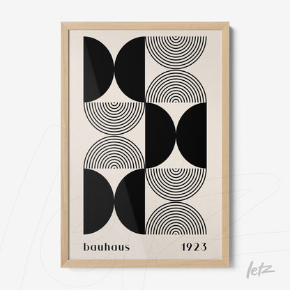 poster print featuring bauhaus style geometric art with light wood frame