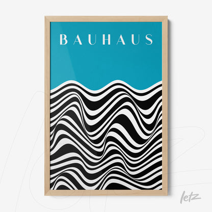 light wood framed art with black and white wave pattern on blue background with stylized text