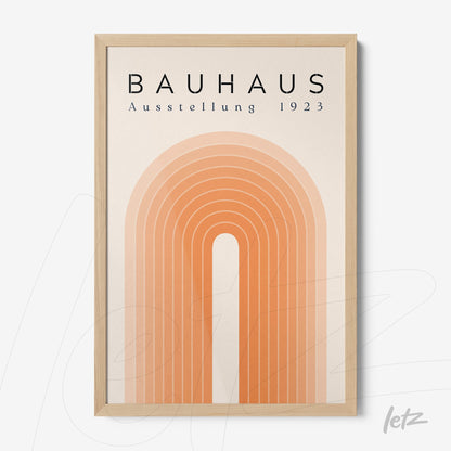 poster print featuring geometric design in orange and beige hues, displayed in a light wood frame