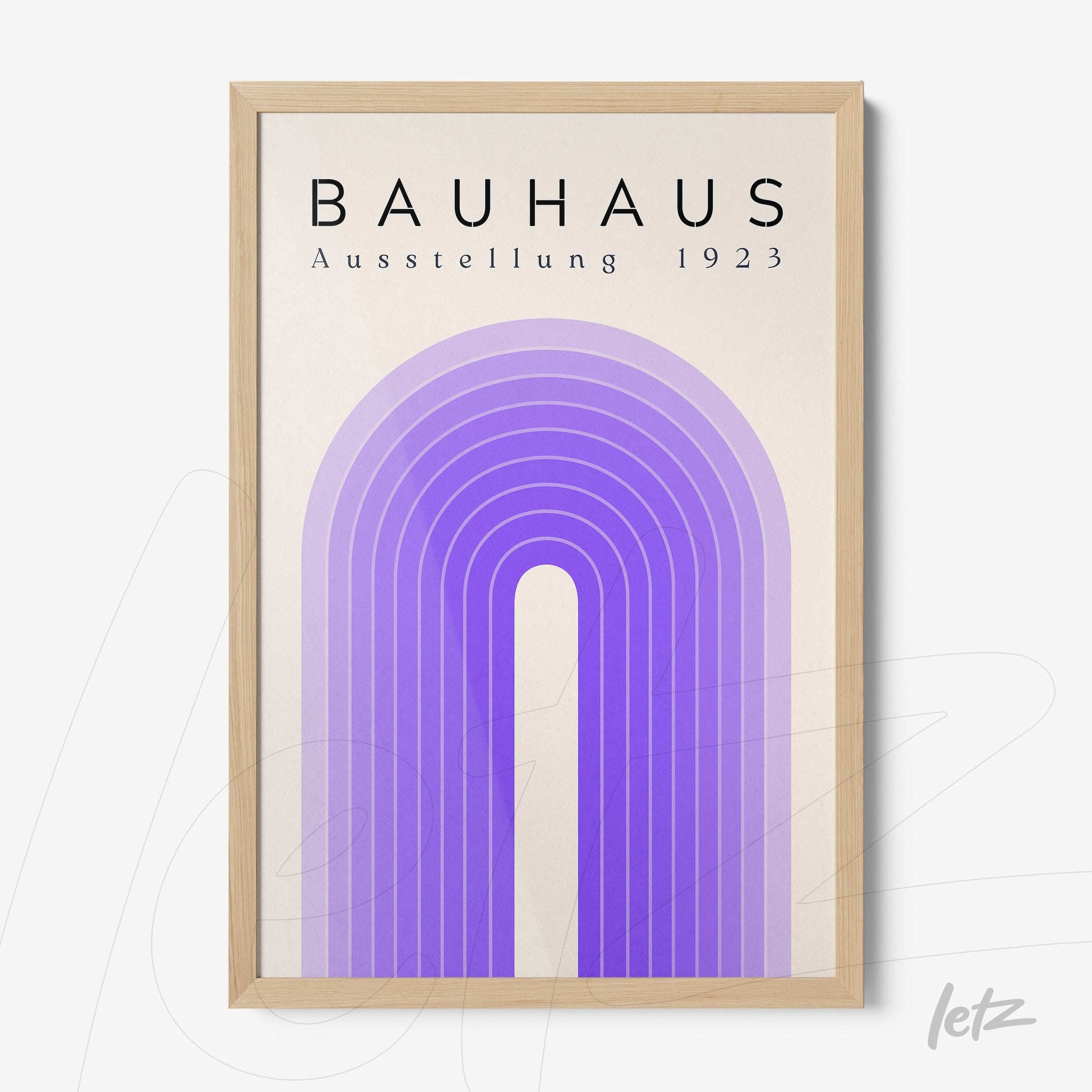 poster print featuring a vertical gradient lilac arch art framed in light wood