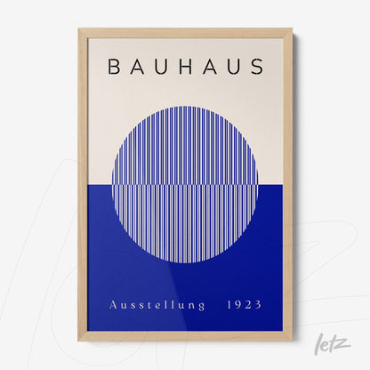 minimalist Bauhaus-style poster art in a light wooden frame