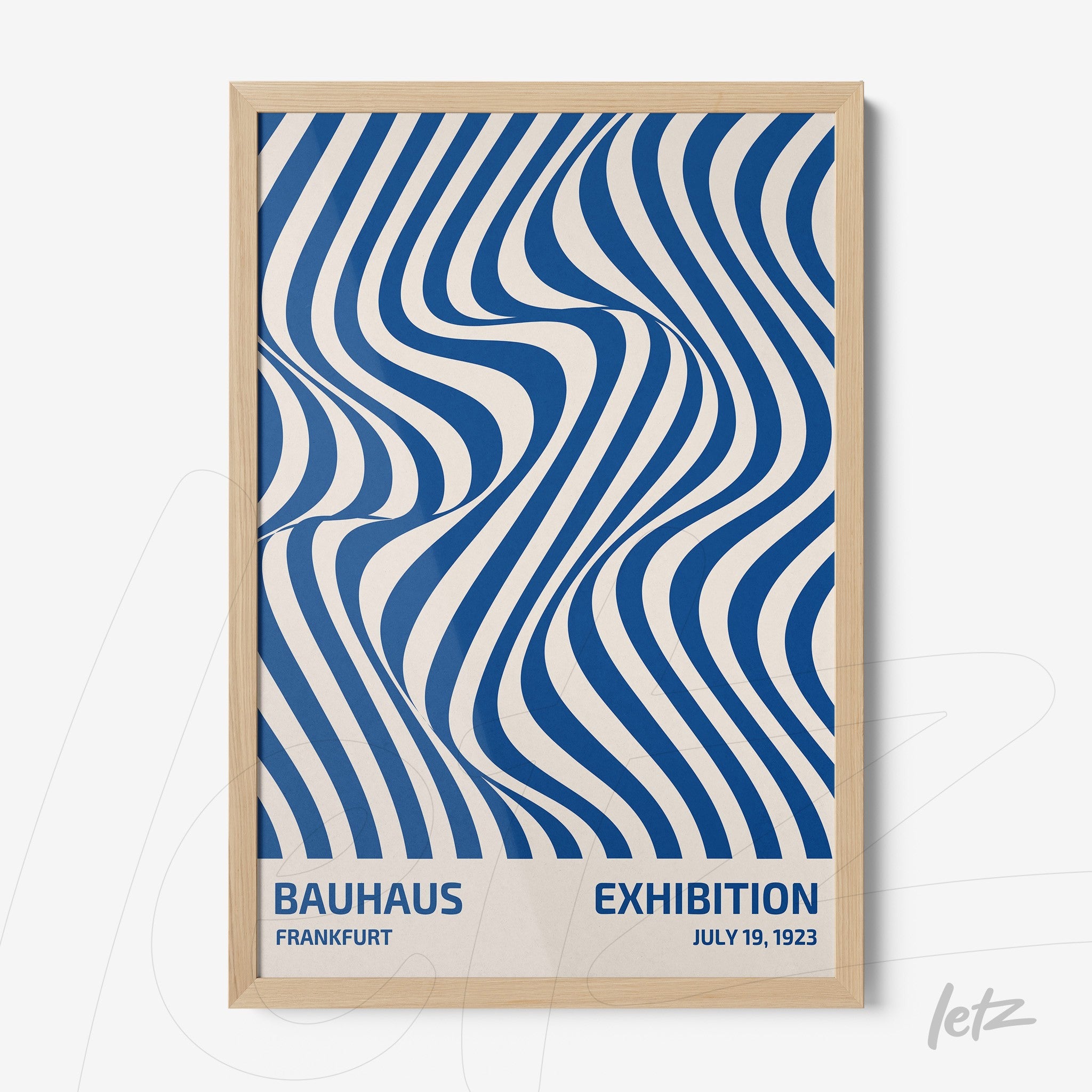 poster with blue wavy line pattern in bauhaus style framed in light wood