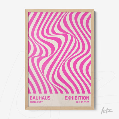 poster print featuring pink wavy lines in a light wood frame bauhaus style