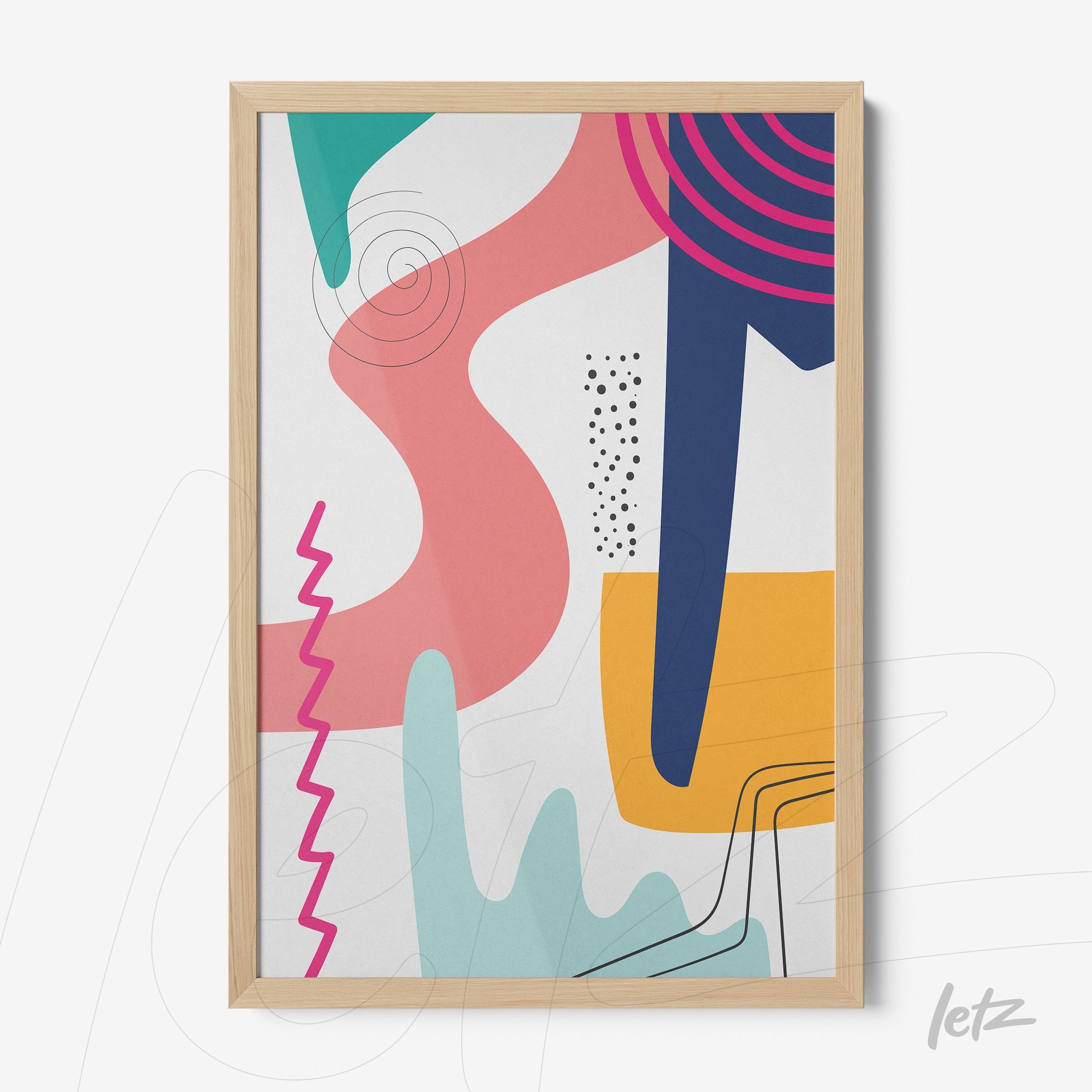 quadro abstrato com formas geométricas coloridas em moldura de madeira clara