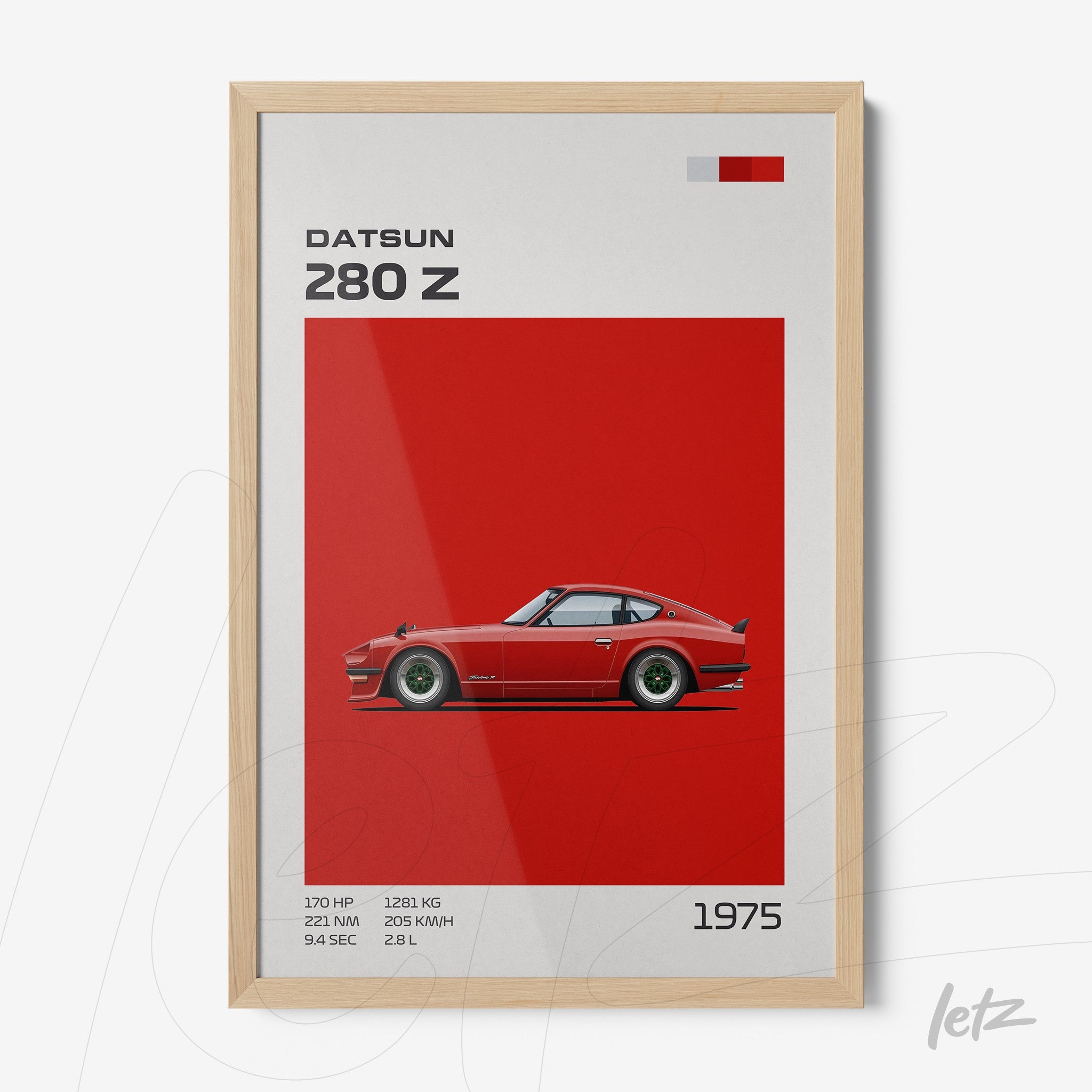 framed artwork featuring a datsun 280 z illustration on a red background with a light wood frame