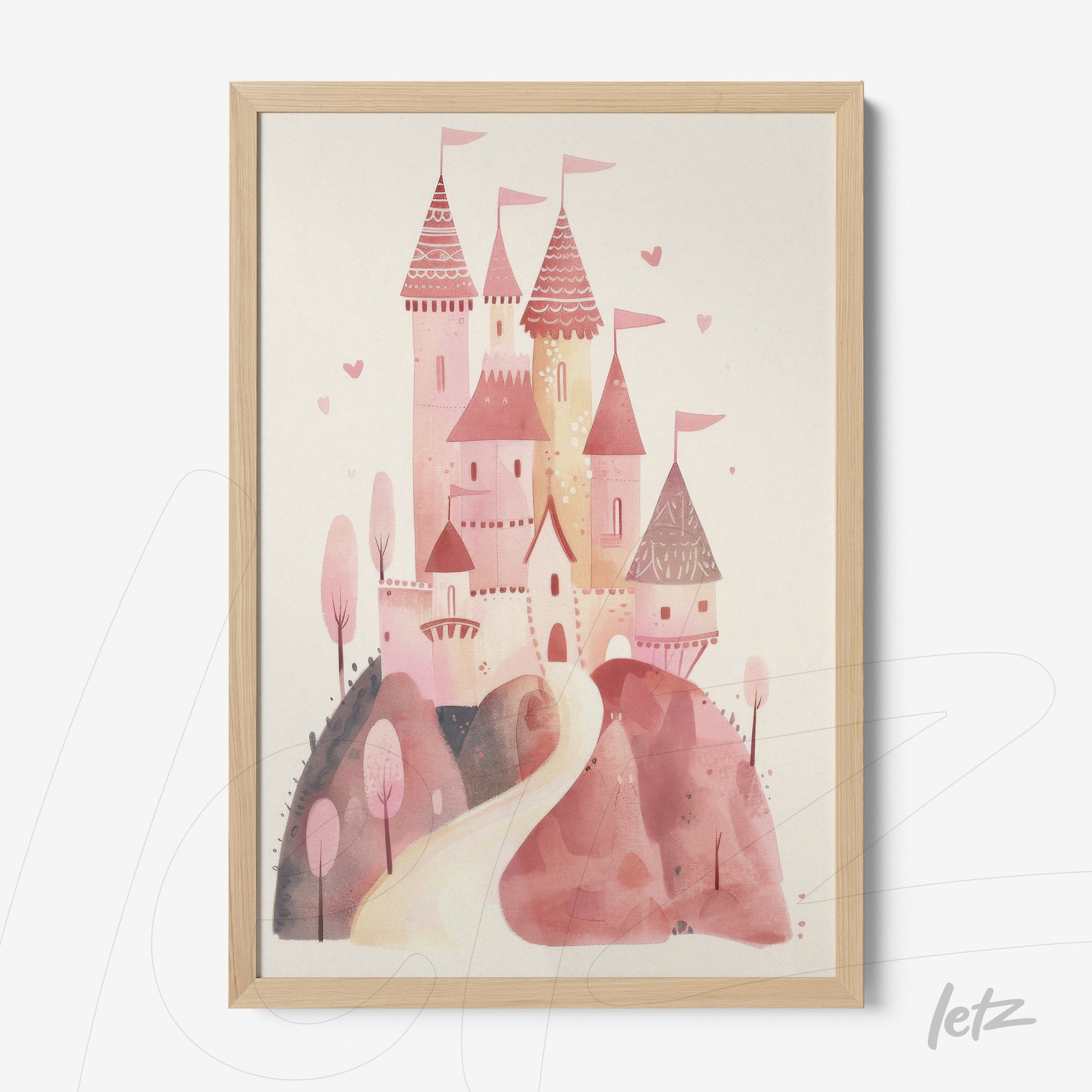framed illustration of a pink castle with trees and winding pathway in soft colors