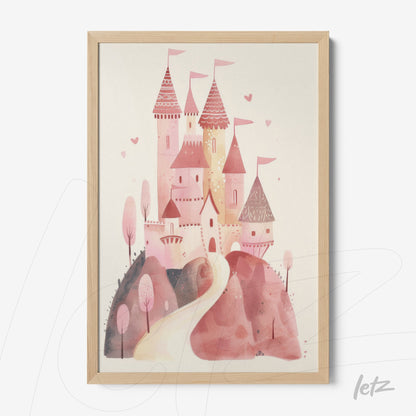 framed illustration of a pink castle with trees and winding pathway in soft colors