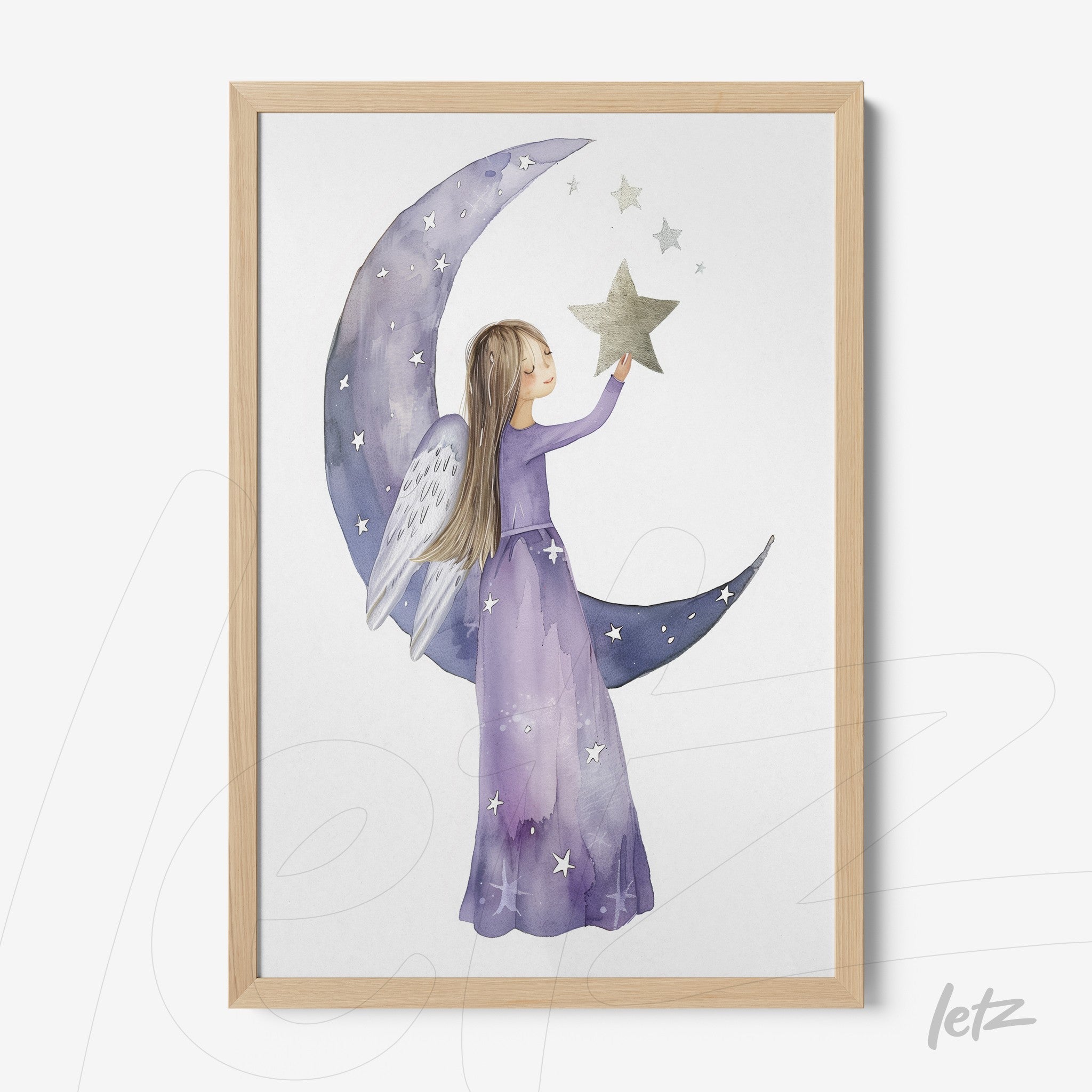 illustration of an angelic girl in a purple dress holding a star against a backdrop of moons and stars, framed with a light wood frame