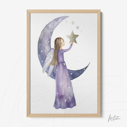 illustration of an angelic girl in a purple dress holding a star against a backdrop of moons and stars, framed with a light wood frame