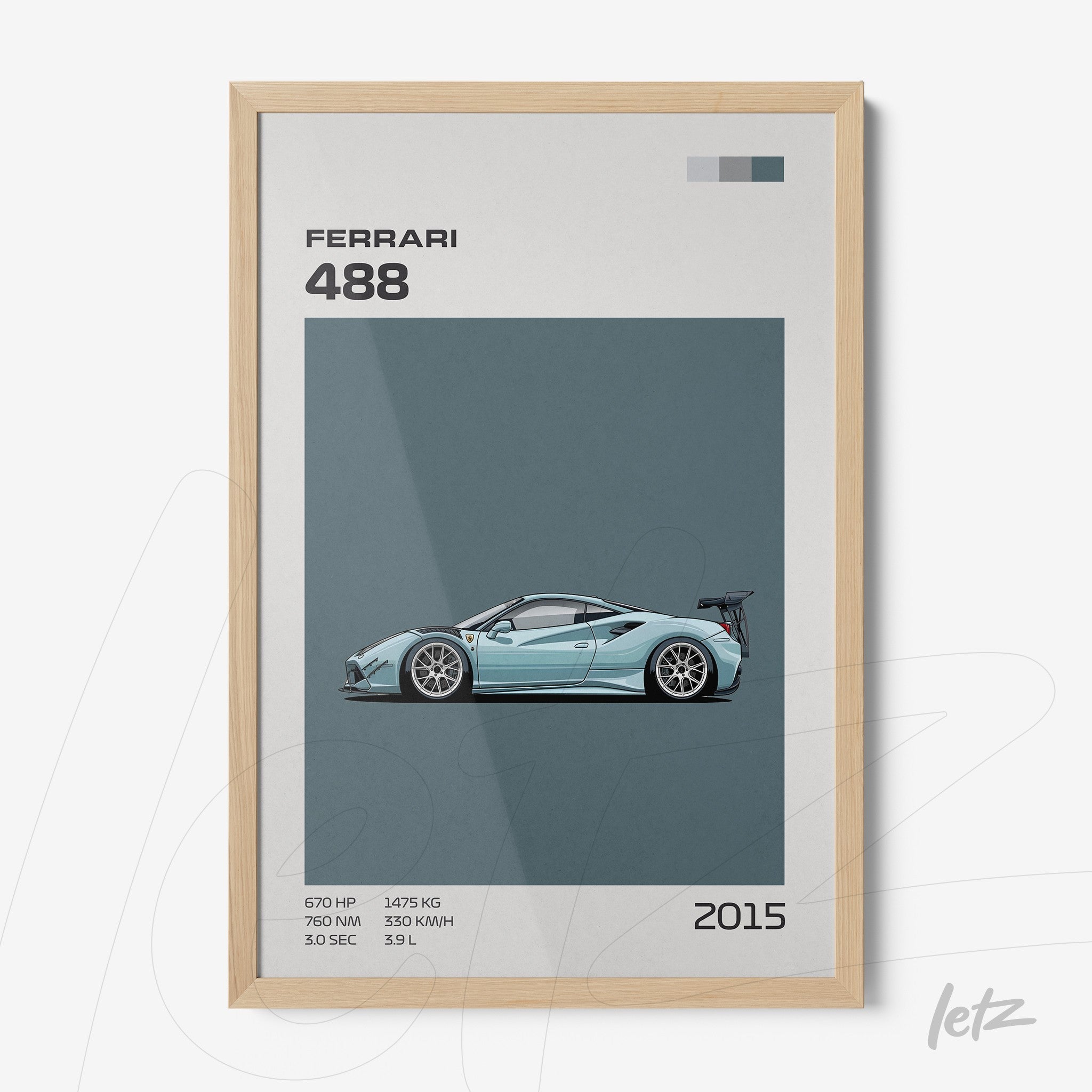 framed artwork featuring illustration of Ferrari 488 sports car with light wood frame