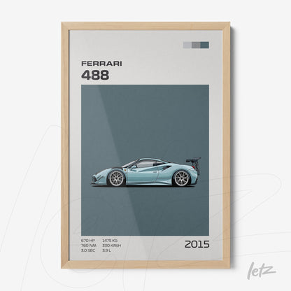 framed artwork featuring illustration of Ferrari 488 sports car with light wood frame