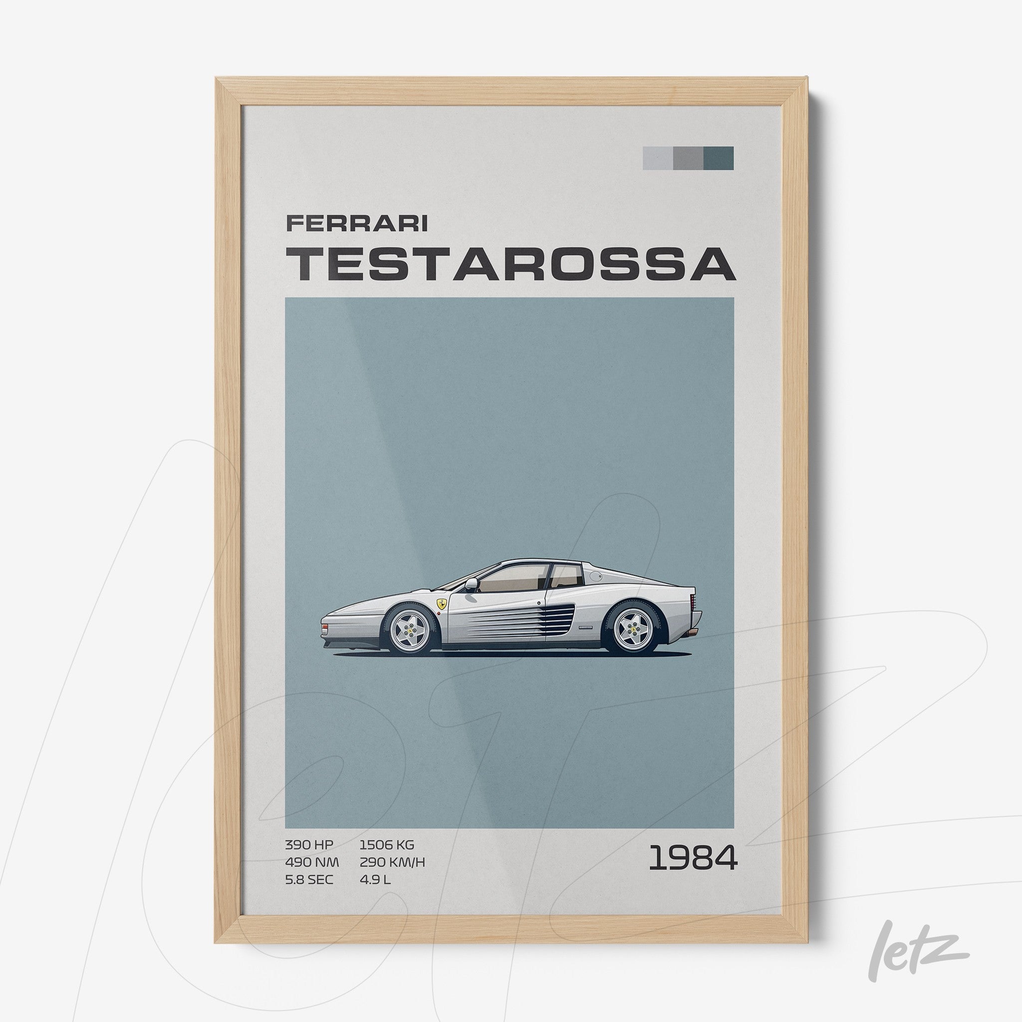 framed wall art featuring a minimalist illustration of a Ferrari Testarossa with a light frame