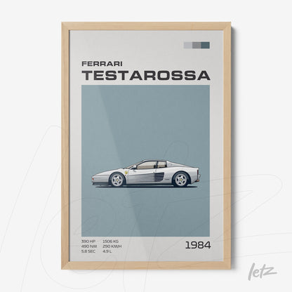 framed wall art featuring a minimalist illustration of a Ferrari Testarossa with a light frame