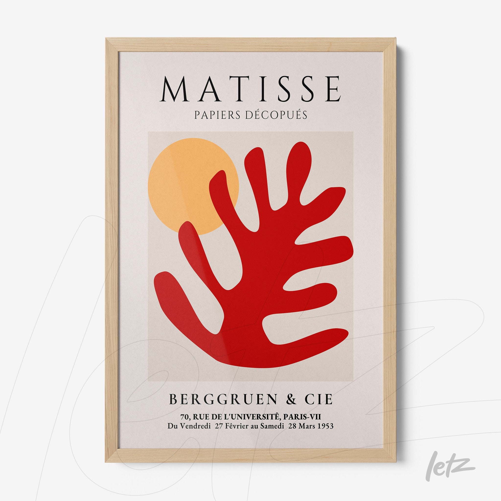 decorative wall art featuring abstract design in red and yellow tones, light wood frame with Matisse inspired artwork