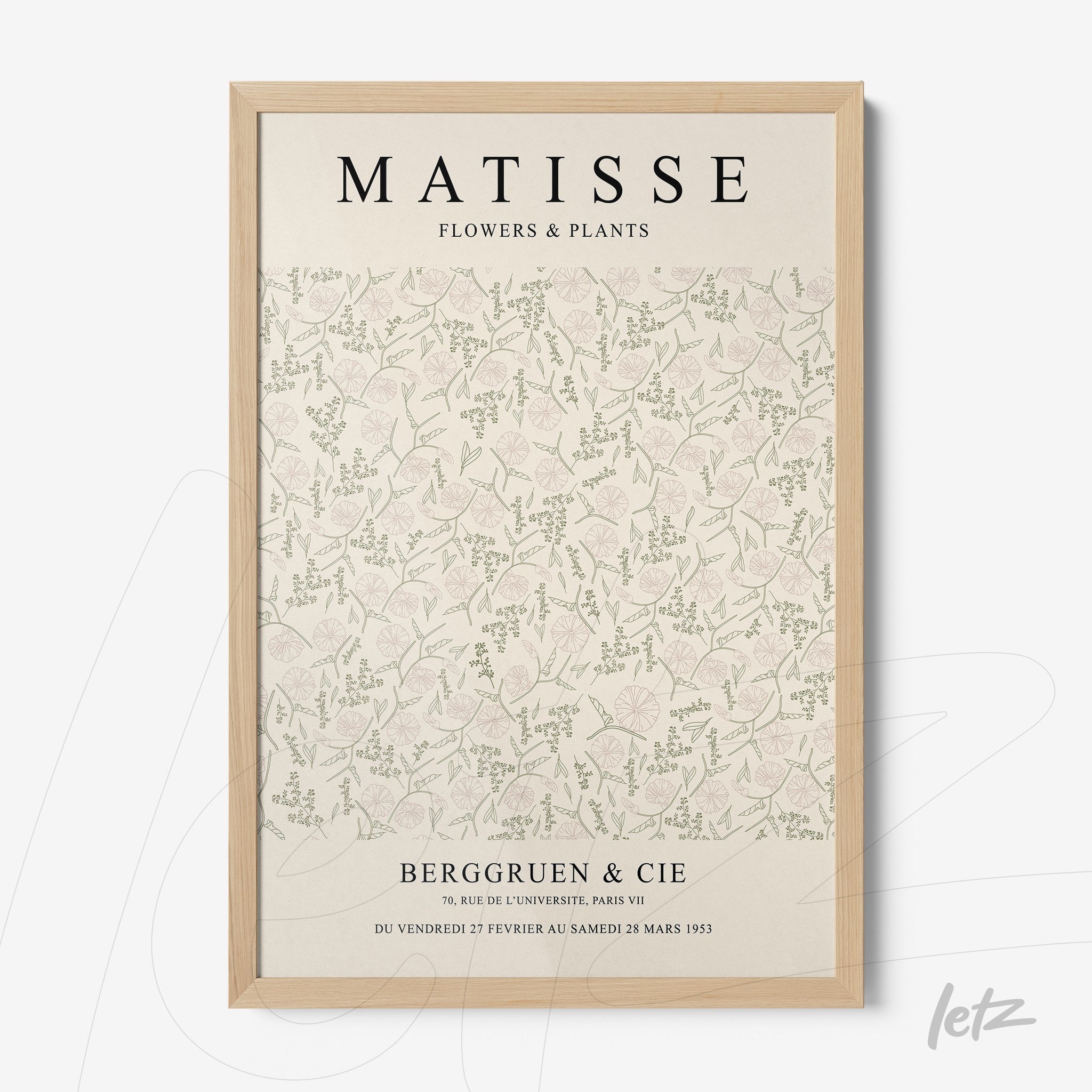 decorative wall art featuring a soft floral pattern on a light background, framed with a light wood frame and prominent text at the top