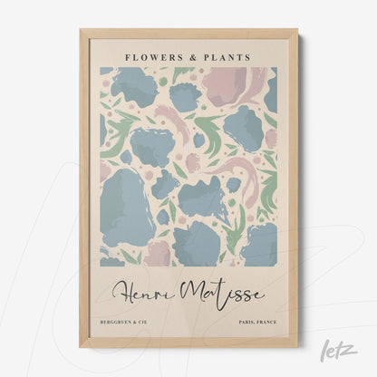 framed wall art featuring floral patterns inspired by Henri Matisse with light wood frame
