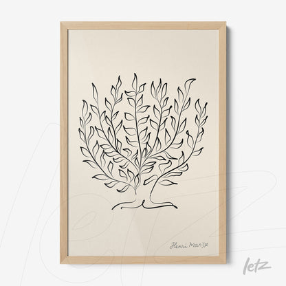 framed artwork featuring a minimalistic black line illustration of leaves on a cream background with a light wood frame