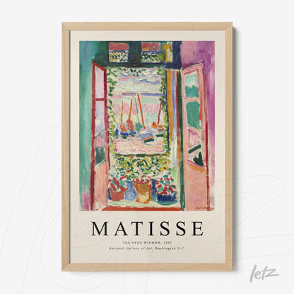 framed wall art featuring matisse's open window with vibrant colors and light wood frame
