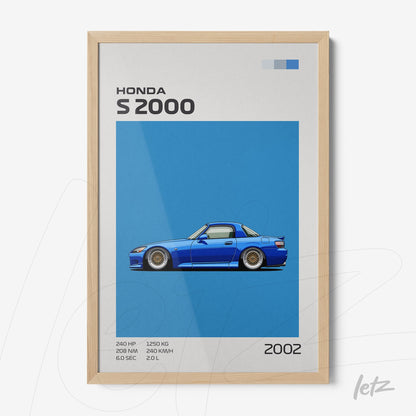 framed wall art featuring the Honda S2000 against a vibrant blue background with a light wood frame