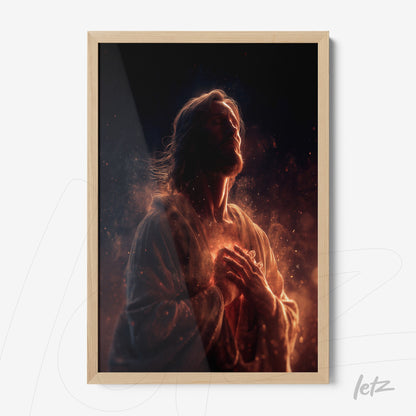 framed digital art of a male figure with radiant light in a light wood frame