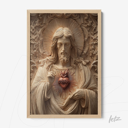 framed wall art featuring a relief of jesus christ with a wooden frame and a prominent red sacred heart