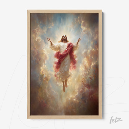 framed religious artwork of Jesus ascending surrounded by clouds with light rays