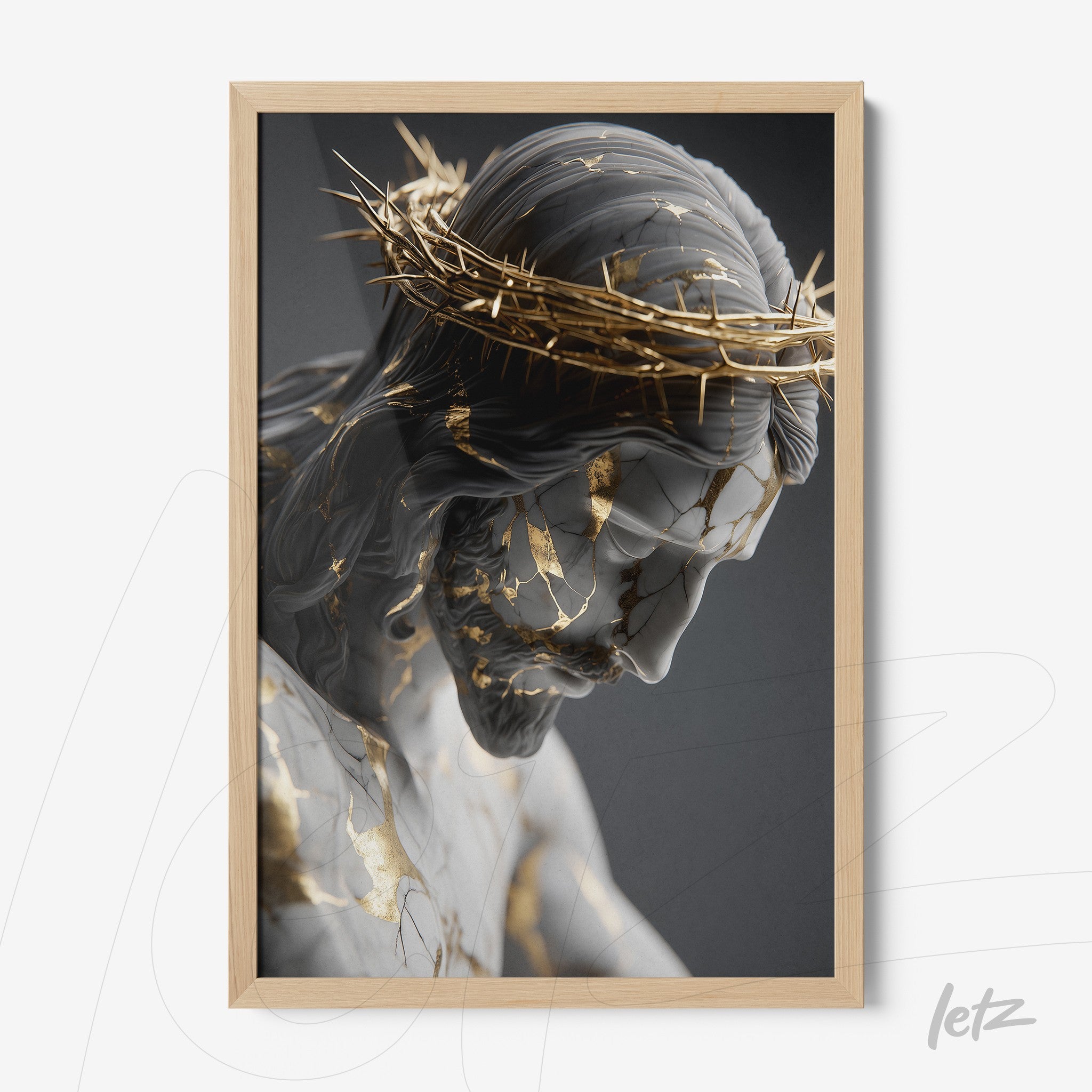 framed artwork of a statue of jesus christ with golden details, light wood frame, gray background