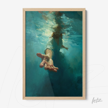 framed impressionist art of a hand emerging from water with light wood frame
