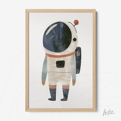 framed artwork of a colorful astronaut illustration with light wood frame