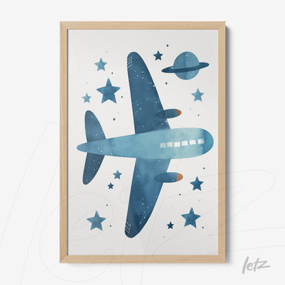 decorative wall art featuring blue airplane illustration surrounded by stars in light wood frame